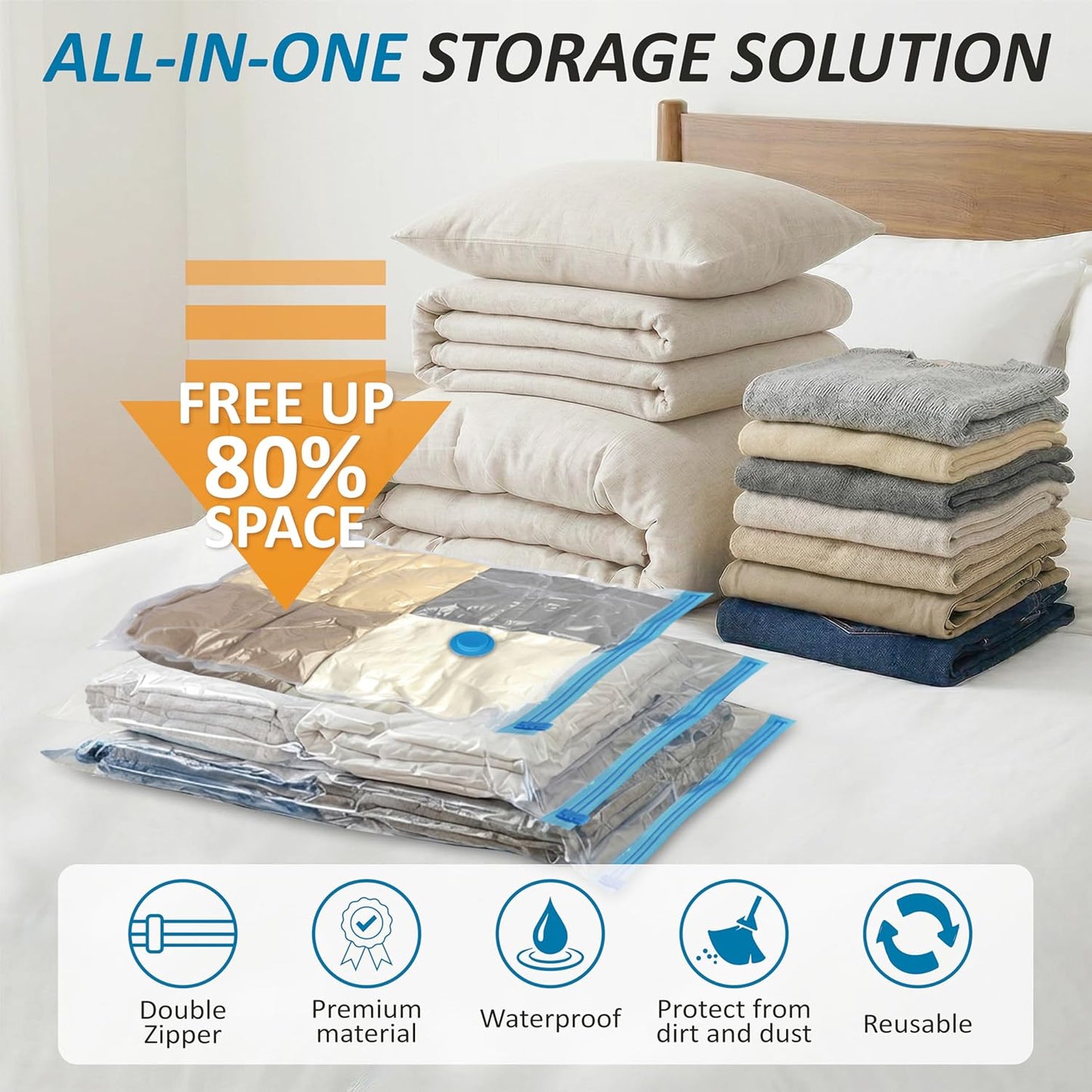 Vacuum Storage Bags - 80% Compression Space Saver for Clothes, Bedding & Blankets | 20-Pack Combo