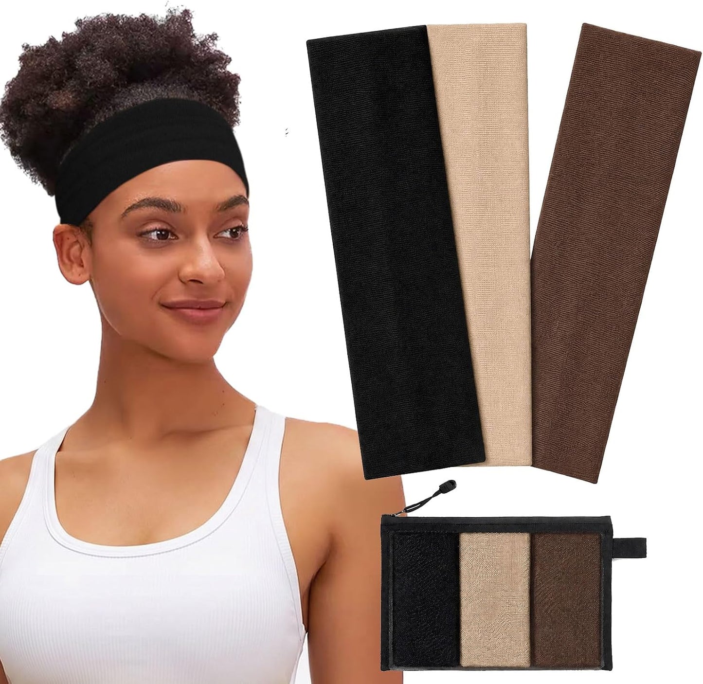 Non-Slip Headbands for Women - Soft Cotton Elastic Hairbands for Gym & Running | 3 Pack with Bag