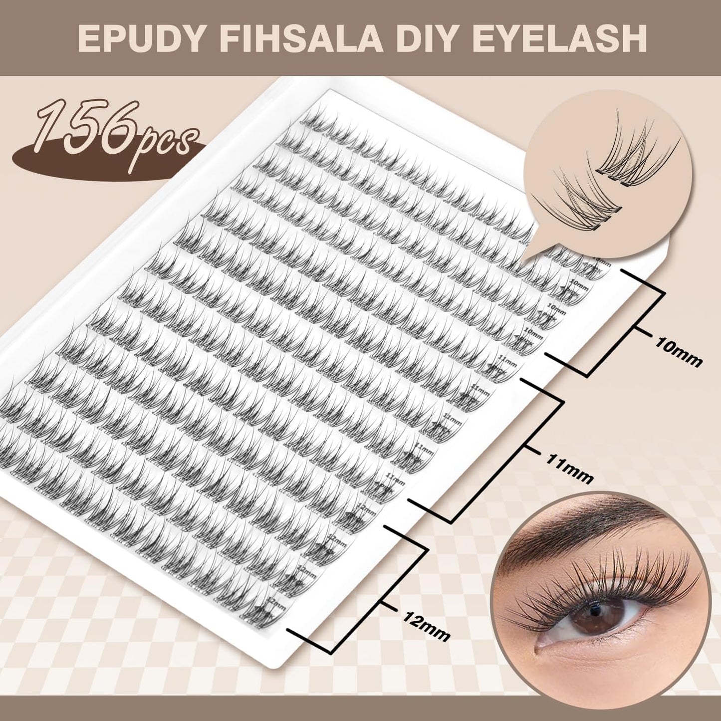 Self Adhesive Lash Clusters No-Stem 10-12mm Short Lash Clusters 156pcs Clear Invisible Band Pre Glued DIY Eyelashes Natural Soft Wispy C-Curl Individual Eyelash Extensions with Tweezers EPUDY FIHSALA