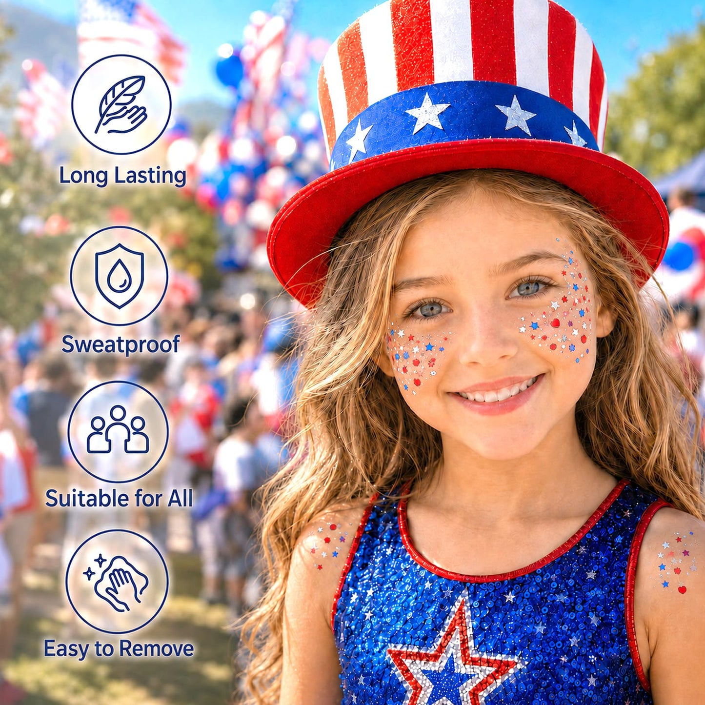 4th of July Glitter Stick, Patriotic Face Hair Glitter Stick, Fourth of July Outfit Accessories for Women Kids, Red White and Blue USA Accessories for Independence Day, Memorial Day