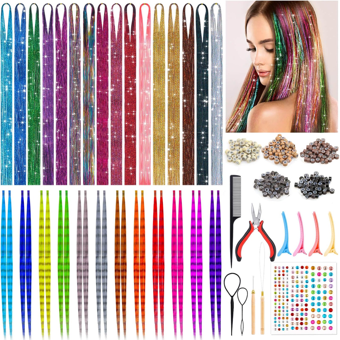 ROADPLUM Hair Tinsel Kit, 16 Colors, 3200 Strands Tinsel & 12 Colors Hair Feathers - Heat Resistant Shiny, Perfect for Cosplay or Party