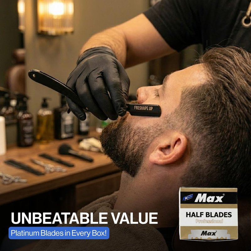 Freshape Up Professional Single Blade Razor for Men – Barber Straight Razor Safety Kit with 100 Single Edge Straight Razor Blades (4.4 cm) & 10 Hairline Wipes for Precise Shaving (Black & Gold)