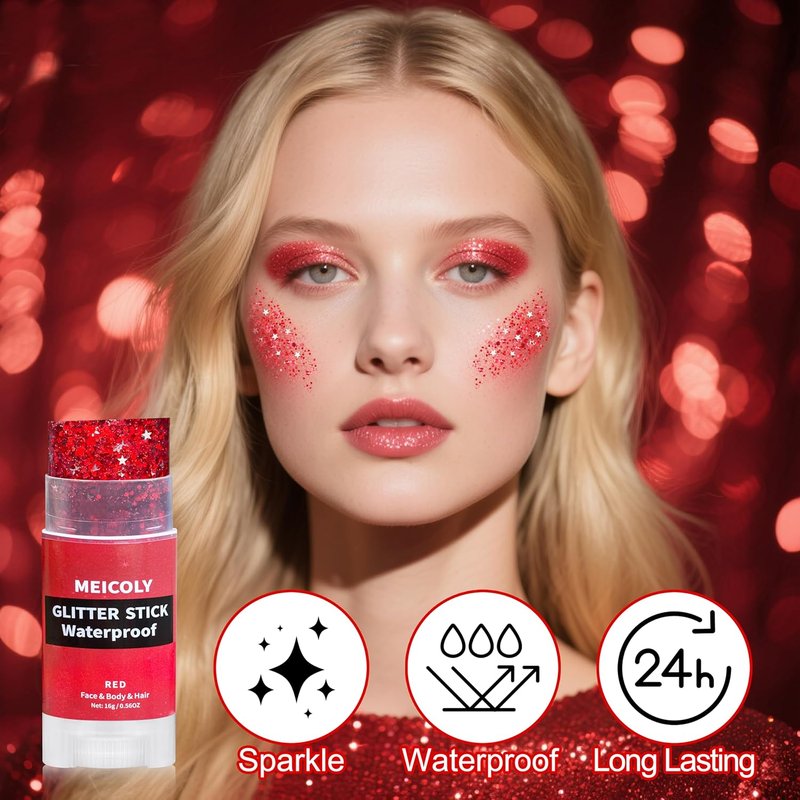 USA Flag Red Hair Glitter Stick - Waterproof Face & Body Glitter Makeup for Fourth of July | Patriotic Rave Accessories