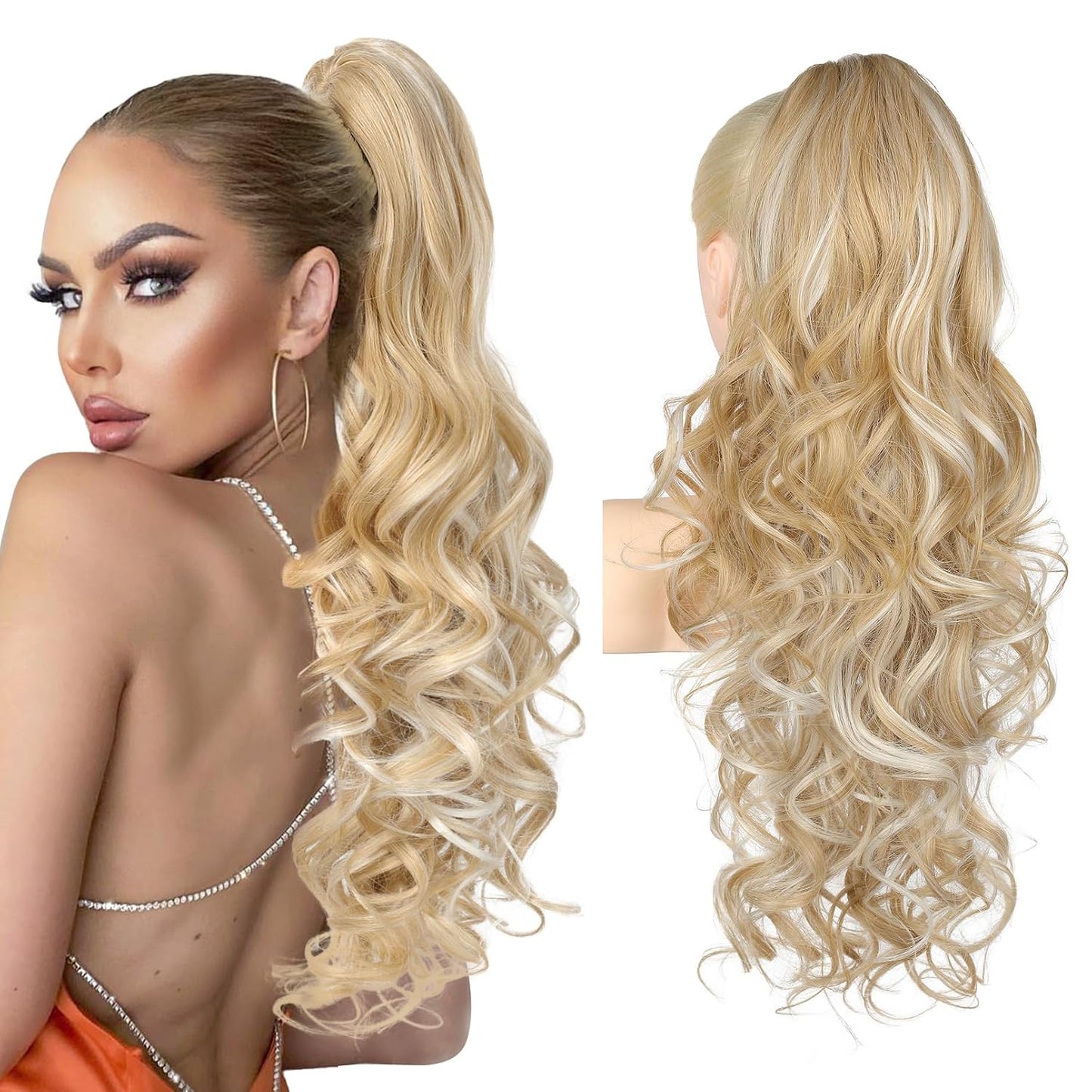Ponytail Extension - 24" Claw Clip In Long Curly Wavy Hairpiece | Medium Blonde with Highlights