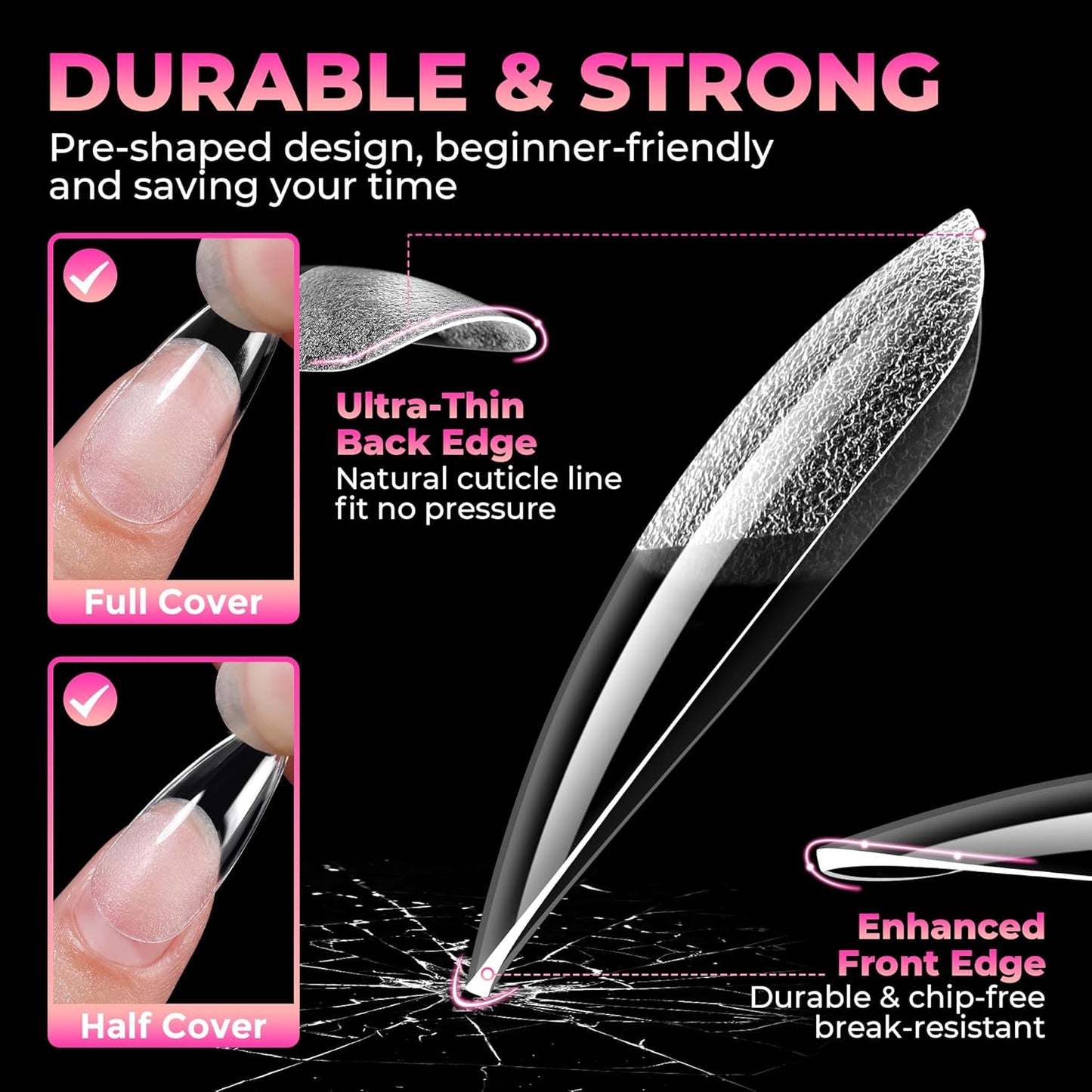 Stiletto Gel Nail Tips - 510 Pcs Medium Almond Full Cover Acrylic Press-On Nails | Pre-Etched for DIY Salon Use