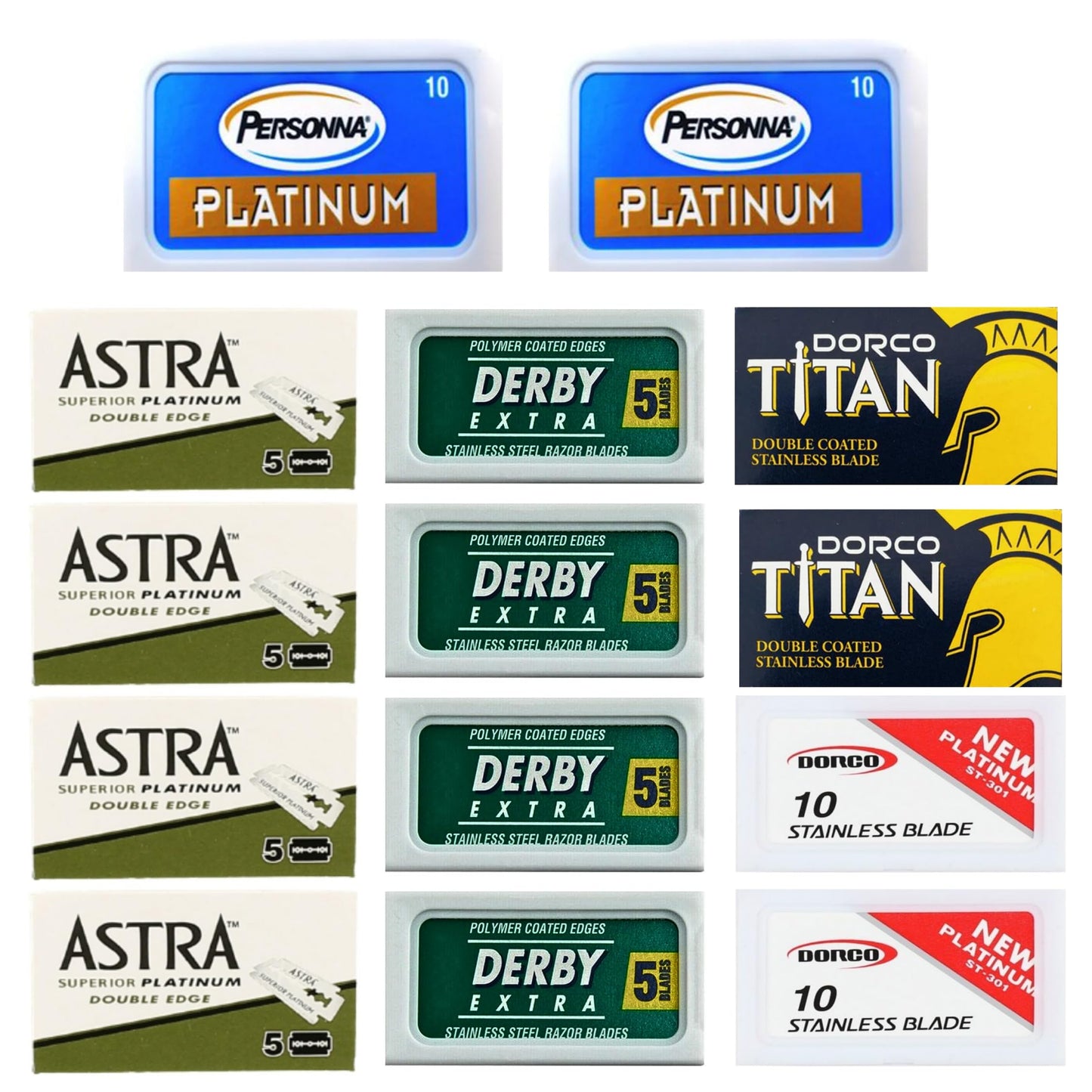 ABS American Beauty Supply Double Edge Safety Razor Blades Sampler Pack for Men-Includes 4 Top Global Brands: Personna Dorco Astra Derby-Comfortable Shaving –Fits All Double Edge Safety Razors (100)