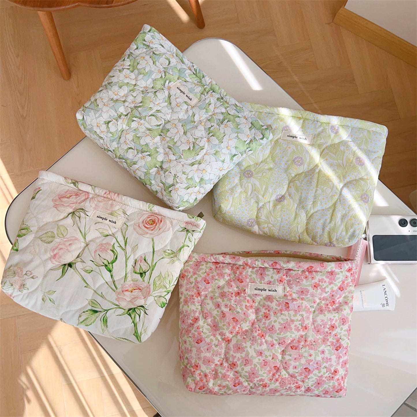 Sminra Floral Makeup Bag Large Travel Cotton Quilted Cosmetic Makeup Bag Organizer, Cute Coquette Aesthetic Zipper Portable Pouch Purse Toiletry Bag accessories