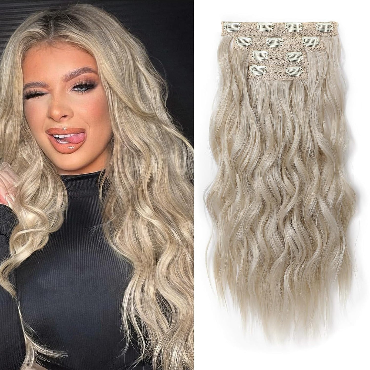 REECHO Clip-In Hair Extensions - 24" Thick Blonde Beach Waves | Invisible Lace Weft, Natural Soft Hairpieces for Women