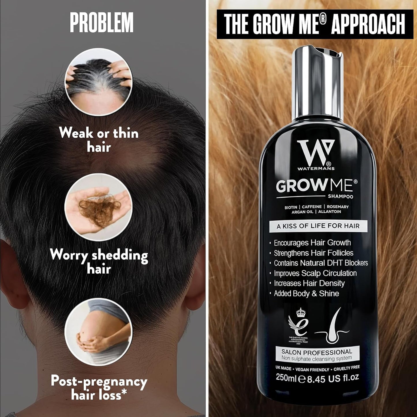 Watermans Grow Me Organic Hair Growth Shampoo - Strengthening Biotin & Rosemary Formula for Thicker Hair | 8.45 fl oz