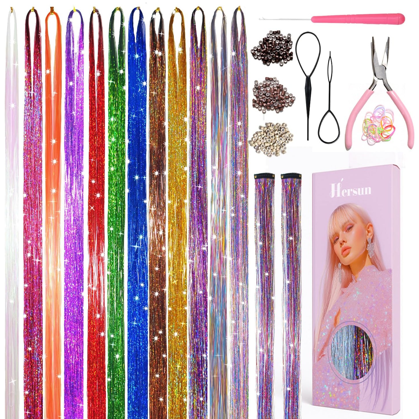 Hersun Hair Tinsel Kit - 10 Colors, 3200 Strands, 48in | Heat-Resistant Fairy Hair Extensions for Parties & Festivals