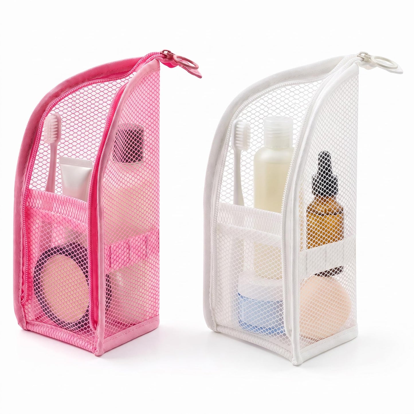WeUNkey 2 Pcs Standing Toiletry Bag, Portable Lightweight Travel Toiletry Bag, Upright Mesh Organizer Bag Cosmetic Zipper Pouch for Travel, Waterproof Stand Up Toiletry Storage Bag