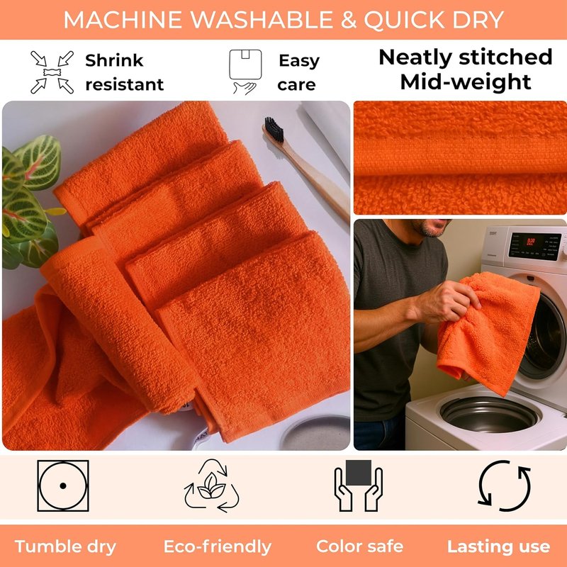 100% Cotton Wash Cloths - Soft Absorbent Terry Towel Set | Orange 12" x 12" - 6 Pack for Adults & Kids