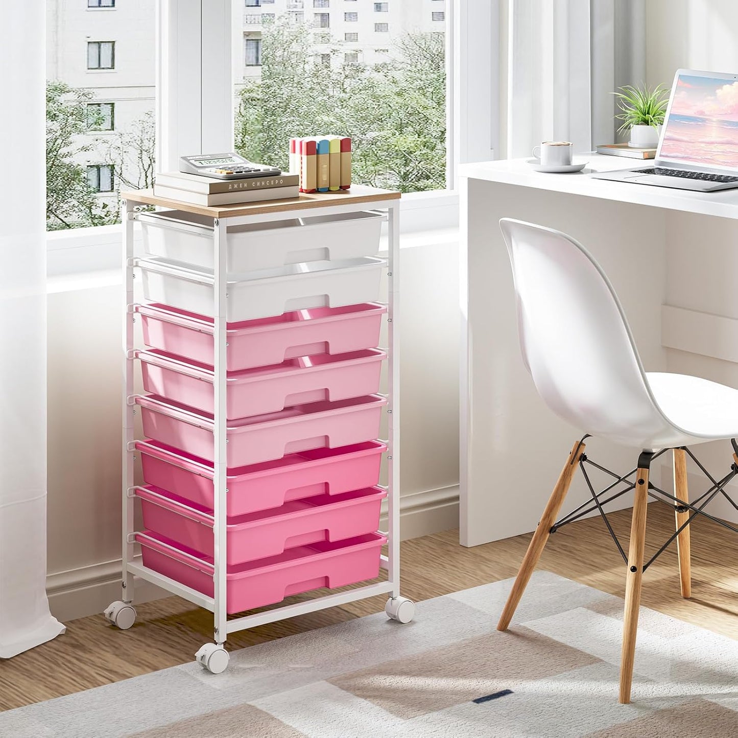 Rolling Cart with Drawers - Pink Storage Cart with 8 Plastic Drawers & Wooden Tabletop | Ideal for Crafts & Teachers