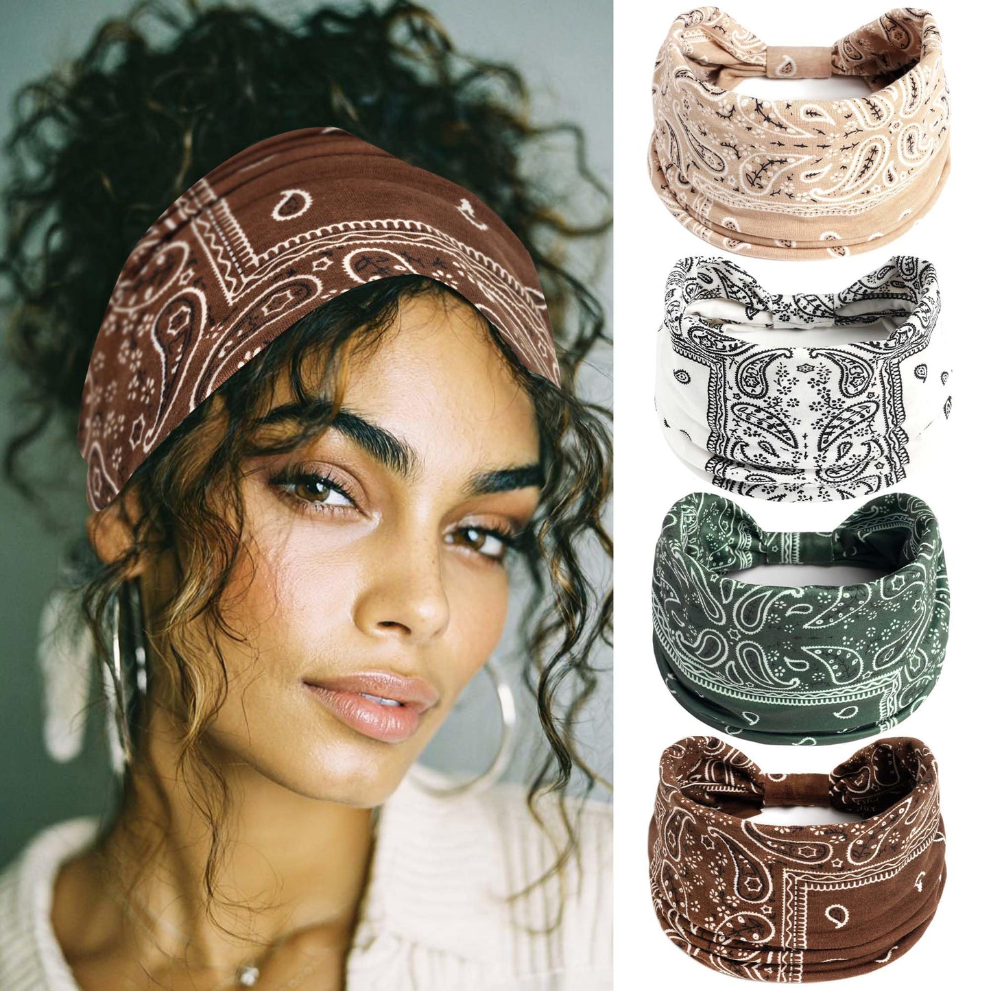 FARSYOD Wide Headbands Boho Head Bands For Women's Hair Band Paisley Fashion Head Wraps Knotted Bandana Headband Elastic Turban Large Workout Hair Accessories For Women 4 Pack