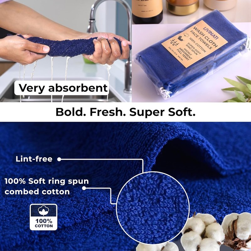 Navy Blue Cotton Wash Cloths - Soft Absorbent 12"x12" Bath Rags | 6 Pack for Adults & Kids