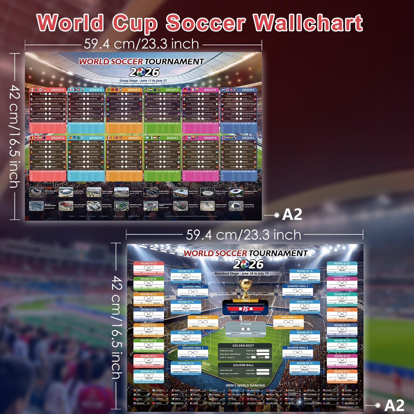 AhfuLife Large World Cup Tournament Schedule Poster, A2 Size-23.3" x 16.5", 2 Pcs Soccer Calendar Wall Chart Decorations, 2026 Soccer Tournament Wallchart for Fans Home Office Bar Party Decor (A2-Folded)