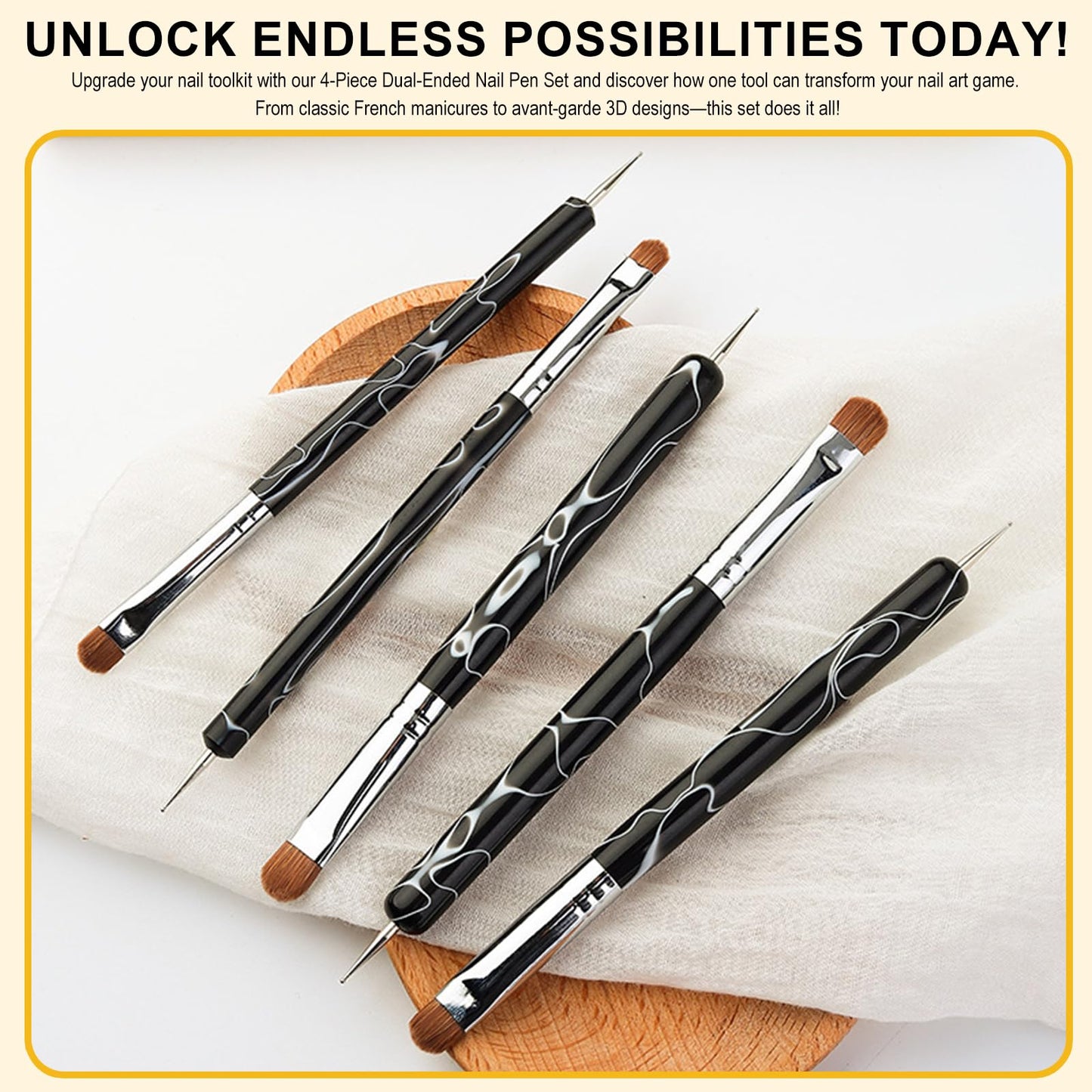 JFIYUOMCI French Nail Brush Set, 2 Way Dotting Tool and French Tip Brush, Gel Acrylic Nails Art Design Pen, Nail Clean Up Brushes for Professional Manicure Tools, Size 10#,12#, 14#, 16# - Marble Black