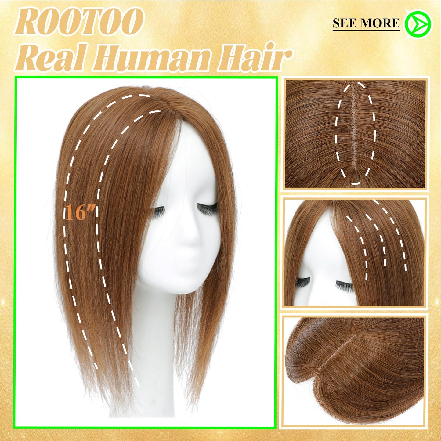 Hair Toppers for Women - Real Human Hair 14 Inch Clip-In Scalp Topper | Light Brown 360° Coverage