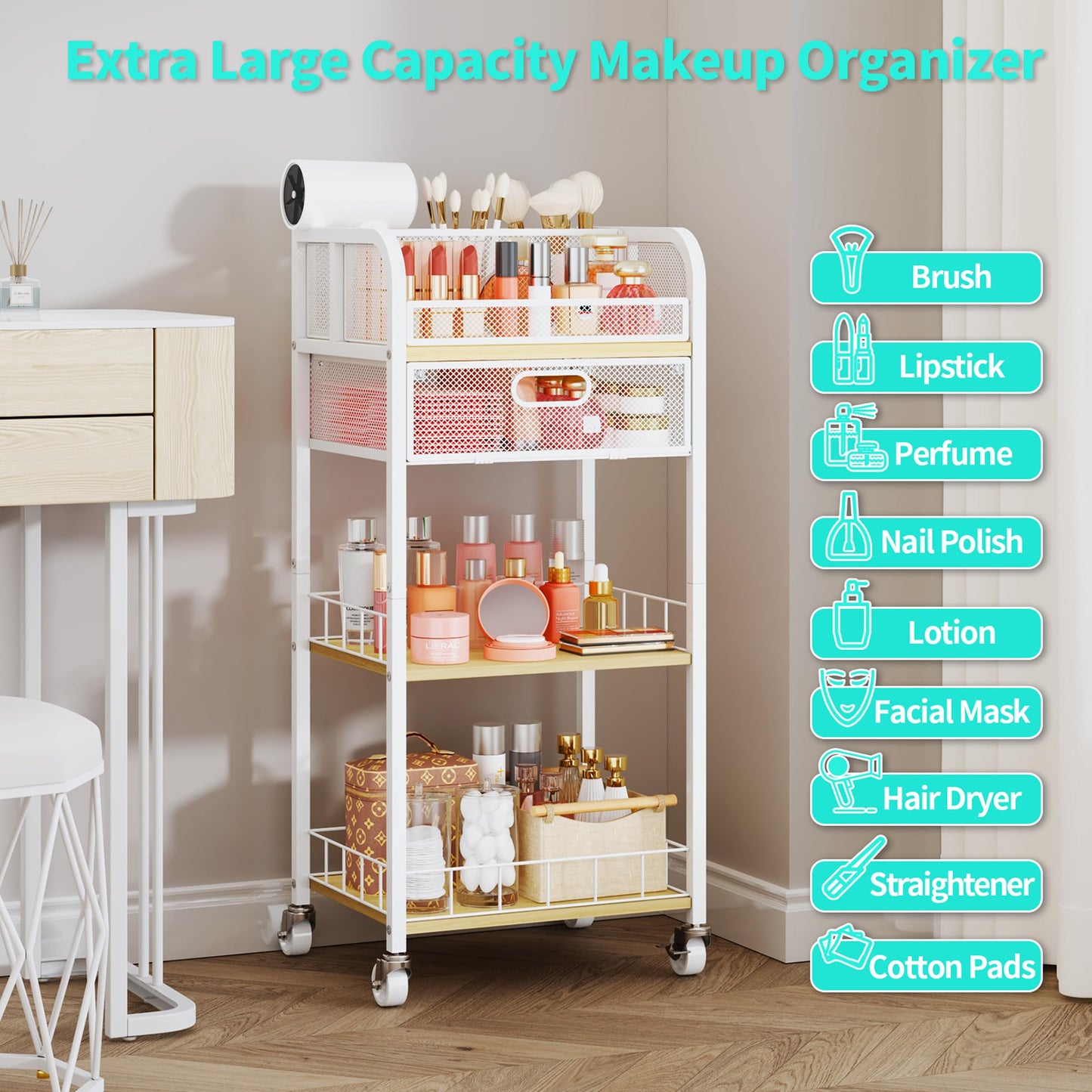 HapiRm Makeup Organizer Storage Cart - 4 Tier Skincare Make Up Storage with Drawer, Rolling Makeup Cart Vanity Organizer Cosmetics Display Cases Holder for Skin Care Perfume Nail Polish Brush