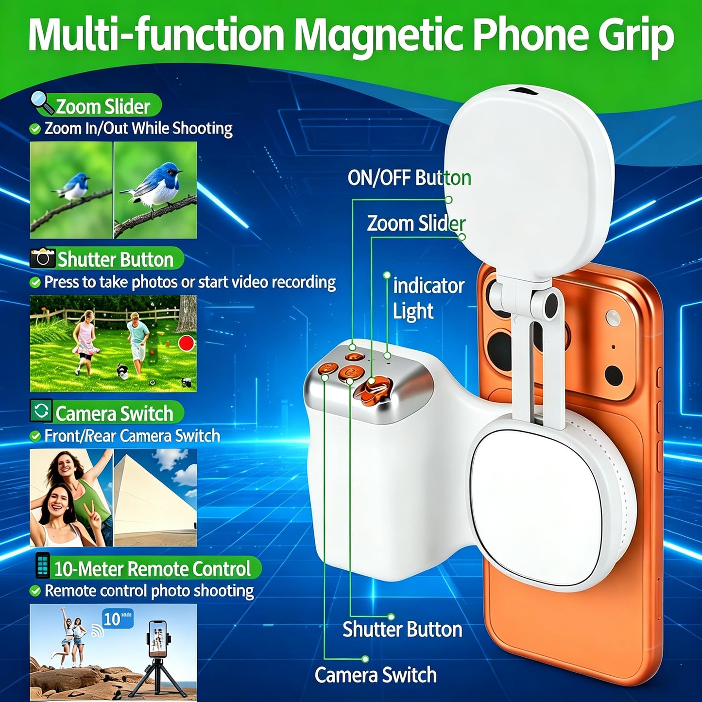 Fun Shot Magnetic Phone Camera Grip + Magnetic Selfie Light (Silver) Bundle Kit Compatible with iPhone Magsafe & Android, Creator Kit for Selfies/Photography/TikTok/Zoom Calls/Video