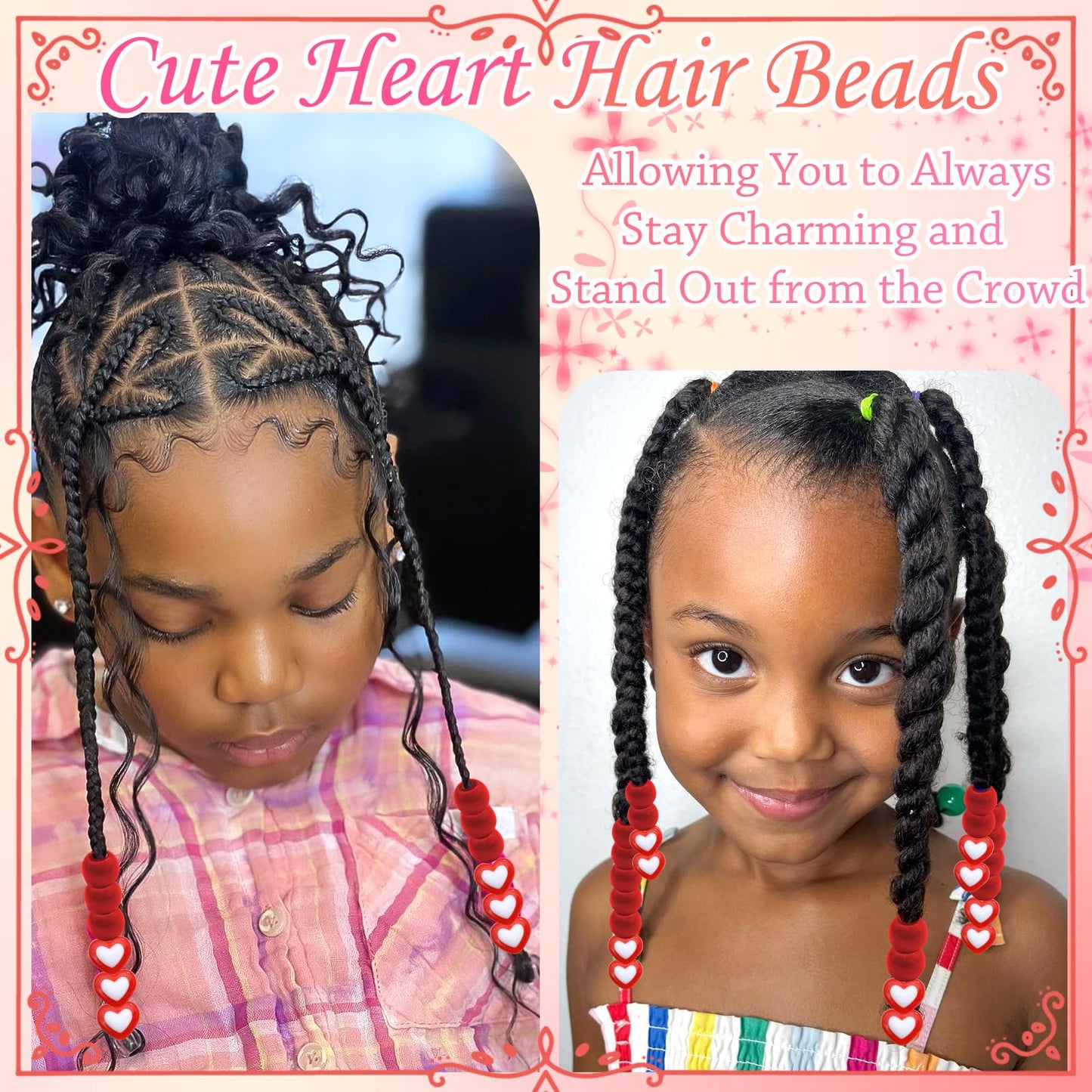 NAISKA 60PCS Valentine's Day Heart Hair Beads for Braids Red Pony Bead Loc Dreadlock Beads Kids Girls Acrylic Loc Jewelry Valentine's Day Hair Accessories