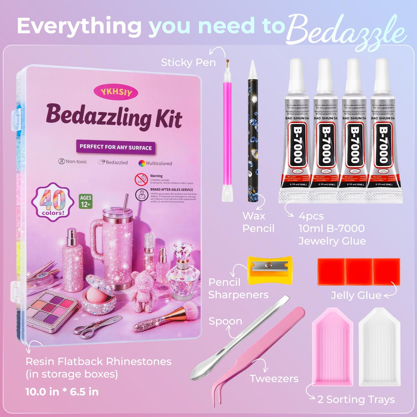 Beauty Bedazzling Kit 40000Pcs 40 Colors Resin Jelly Rhinestones, Multicolor 3mm Flatback Gems for Diamond Art, Bedazzler Kit with 4Pcs 10ml B7000 Jewelry Glue & Tools