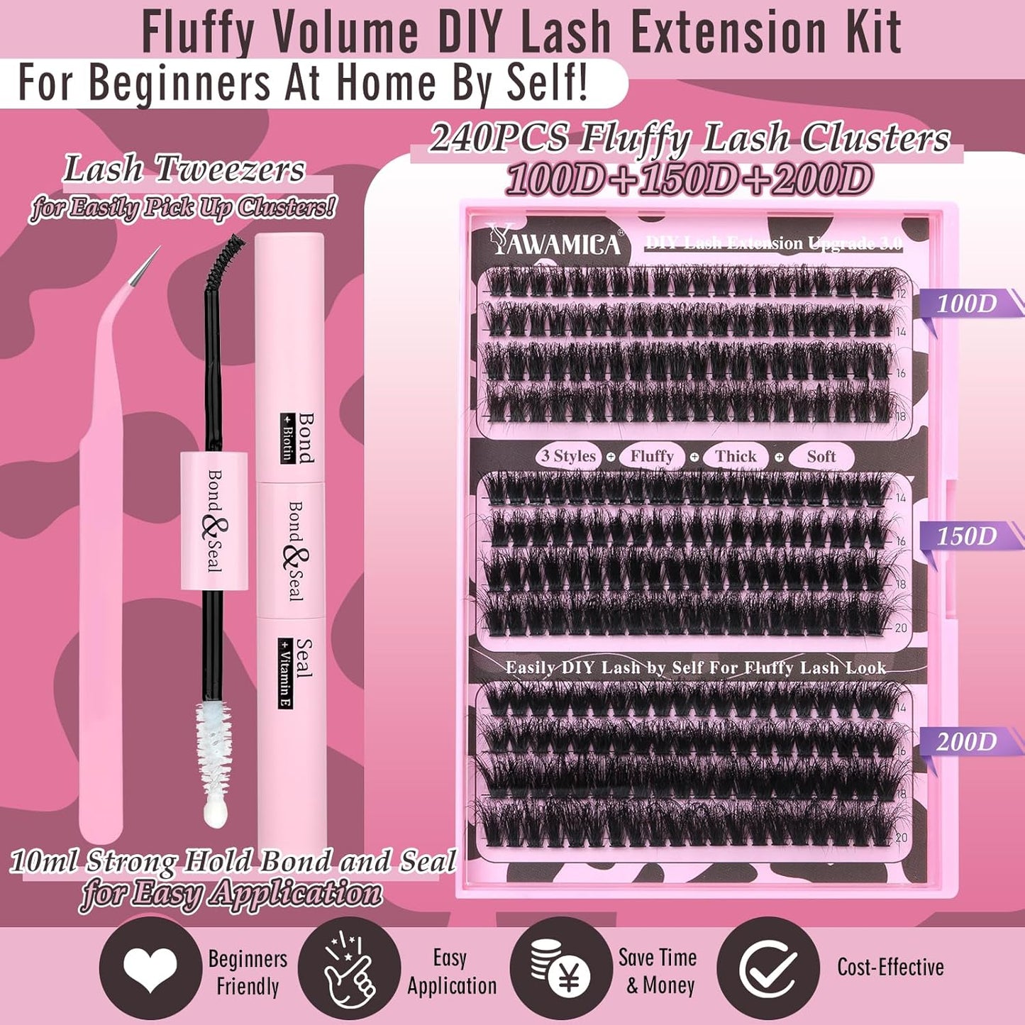 Eyelash Extension Kit - Fluffier Thick Volume 14-20mm D Curly Mink Lash Clusters | 240pcs DIY Individual Lashes with Bond, Seal & Applicator