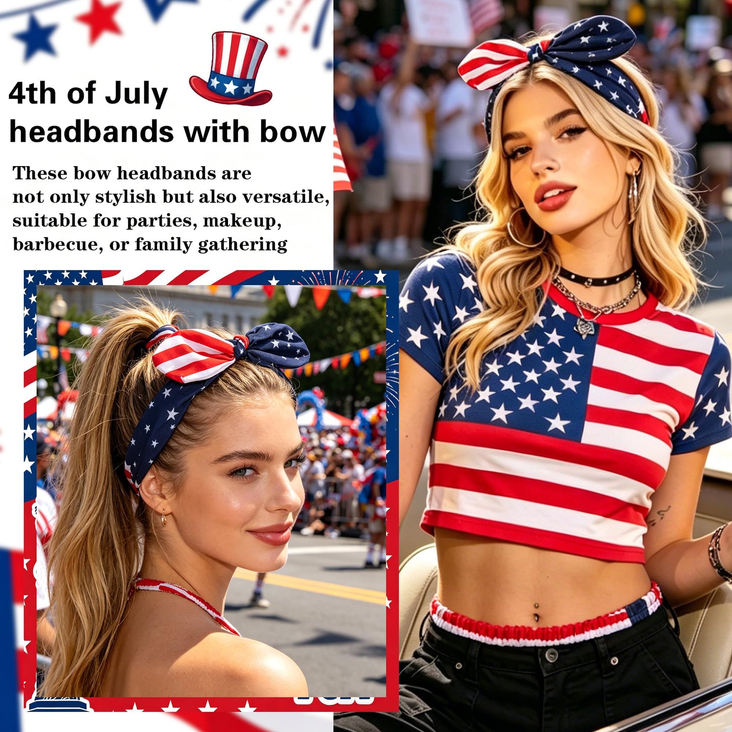 STGDAK 4th of July Headbands American Flag Head Bands Patriotic Hair Band Knotted Bow Turban Elastic Red White Blue Hair Accessories For Women Independence Day Party