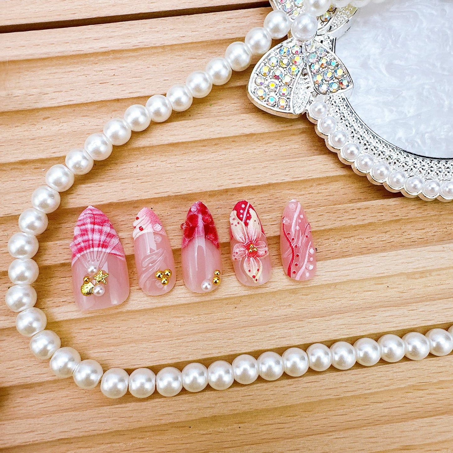French Tip Press-On Nails - 30pcs Medium Almond Acrylic with 3D Flower & Pearl Design | Reusable Summer Nail Art