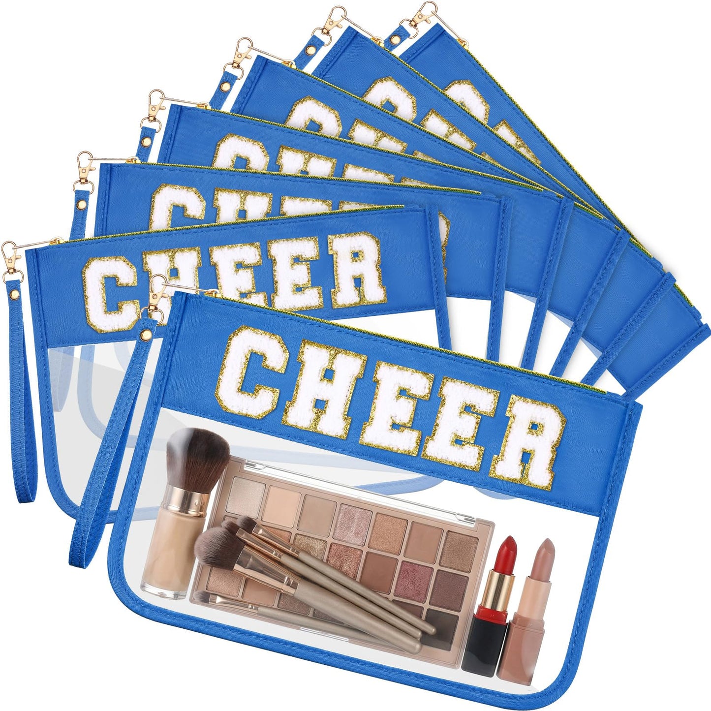 Kacctyen 6 Pcs Cheer Bags Chenille Letter Clear Dark Blue Makeup Bag with Zipper Waterproof Cosmetic Toiletry Pouch with Handle Gym Travel Summer Gifts for Women Girls(Dark Blue, Cheer)