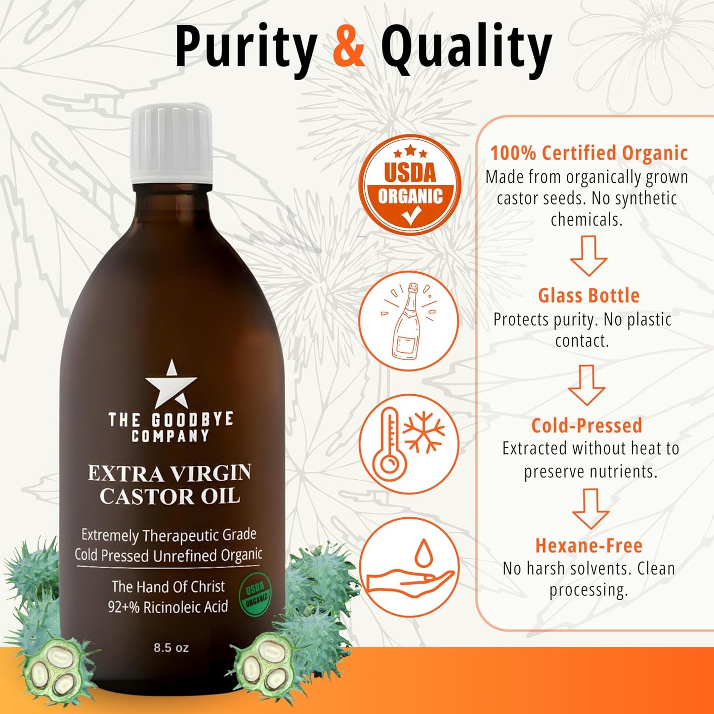 USDA Organic Cold-Pressed Castor Oil - Extra Virgin, Hexane-Free, 8.5 oz Glass Bottle | Pure for Hair, Skin, Lashes & Brows