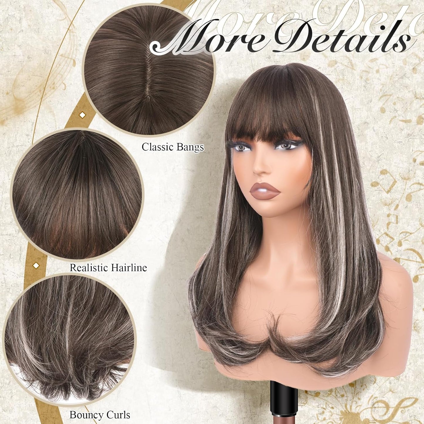 Long Wigs with Bangs - Synthetic Layered Straight Hair Wig for Women | 18 Inch Brown Mixed Grey Highlights
