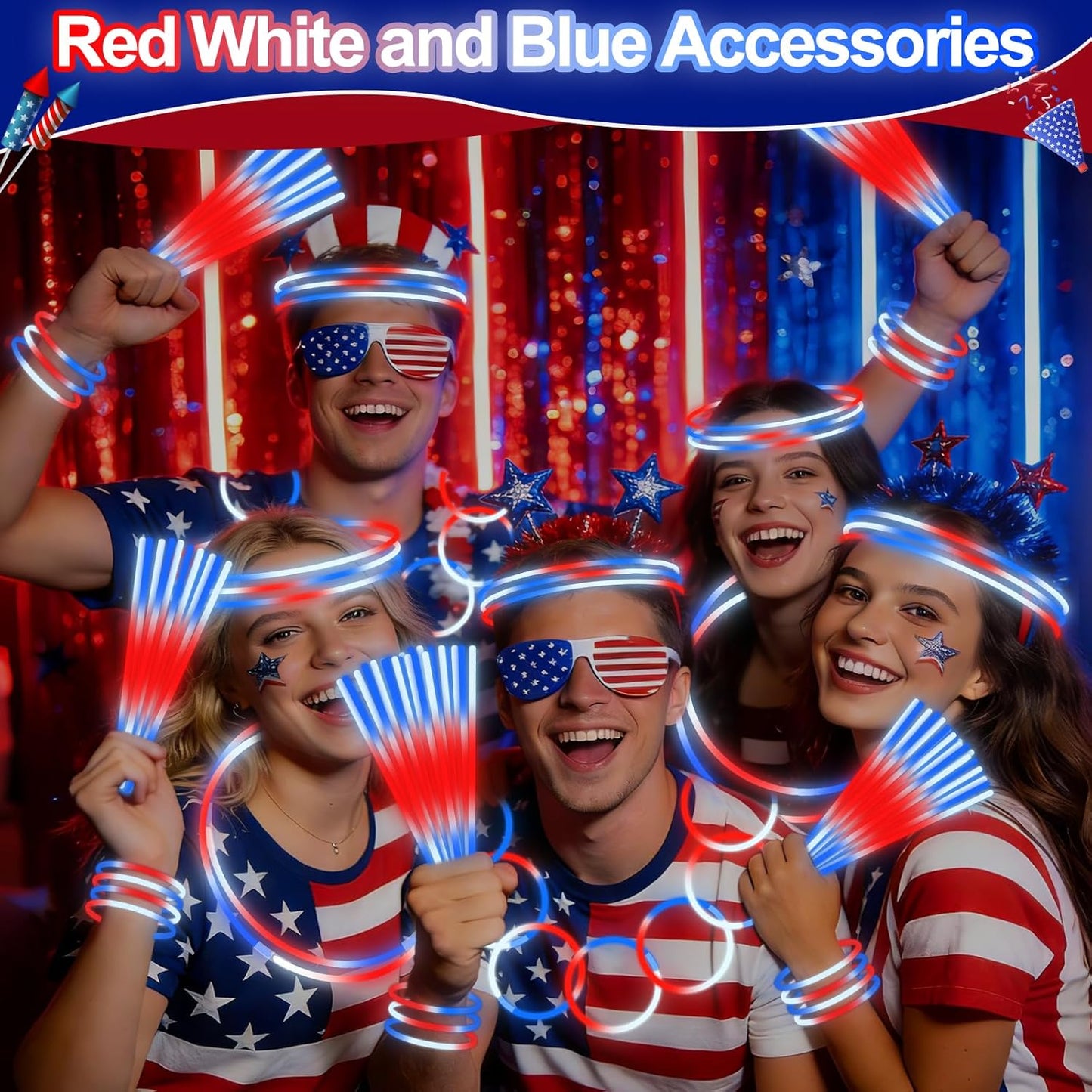 Glow Sticks for 4th of July | 200 Pcs Neon Party Favors with Connectors - Red, White, Blue Bracelets & Necklaces