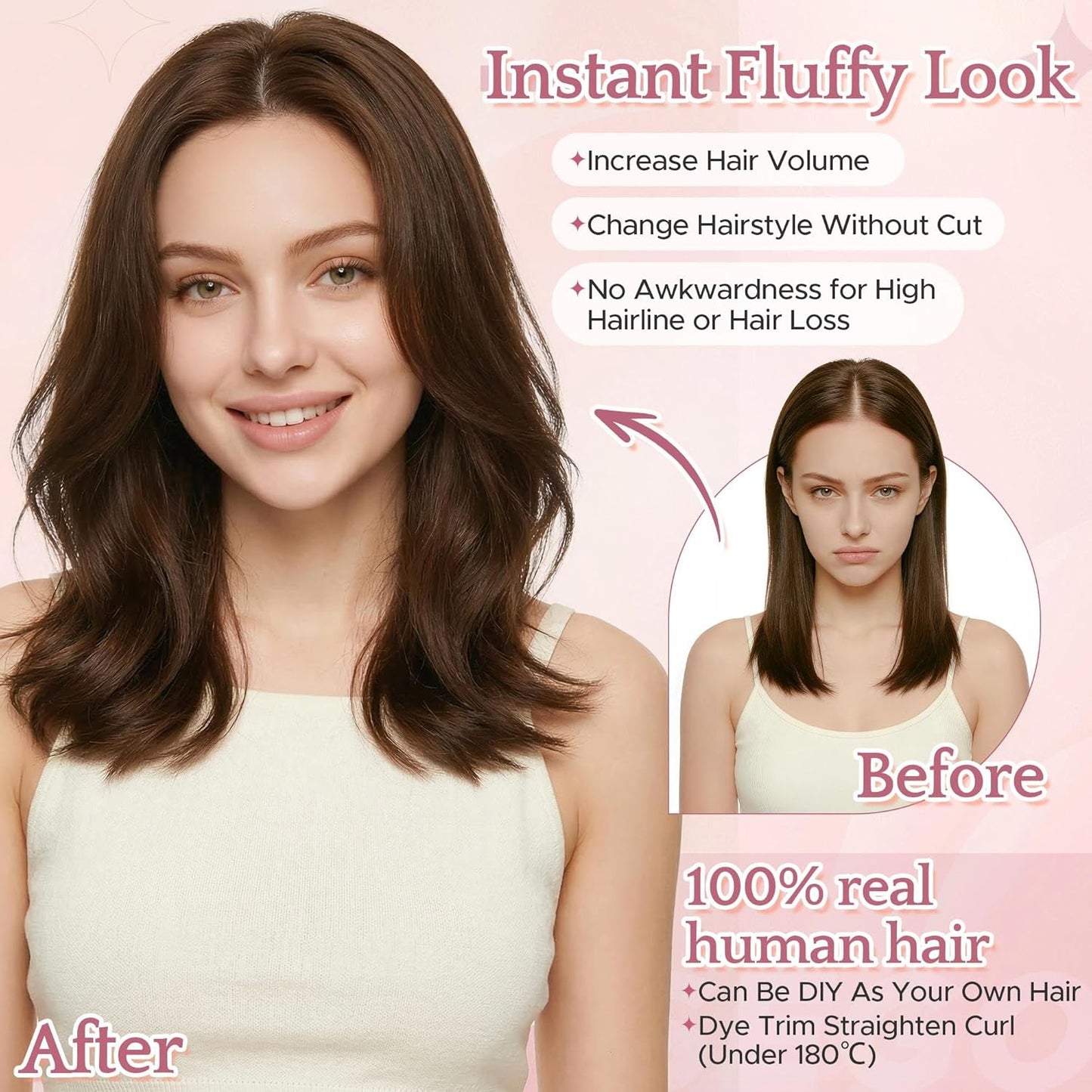 Real Human Hair Toppers for Women - Hand-Tied Clip-In Hairpieces with Side Bangs | 11-Inch Dark Brown