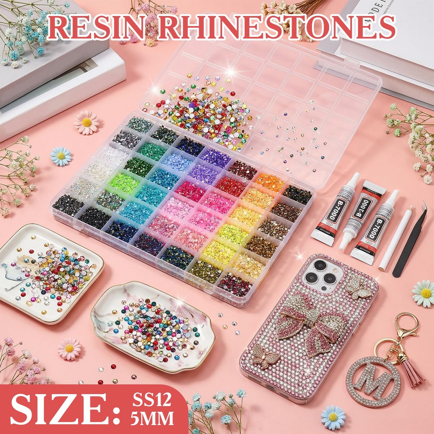80000Pcs Bedazzling Kit with 5mm Rhinestones, 42 Colors Resin Flatback Nail Rhinestones, Bedazzler Kit with 3 B7000 Glue, Tweezers & Pen, Gems for Crafts, Clothes, Tumblers, Nail Art