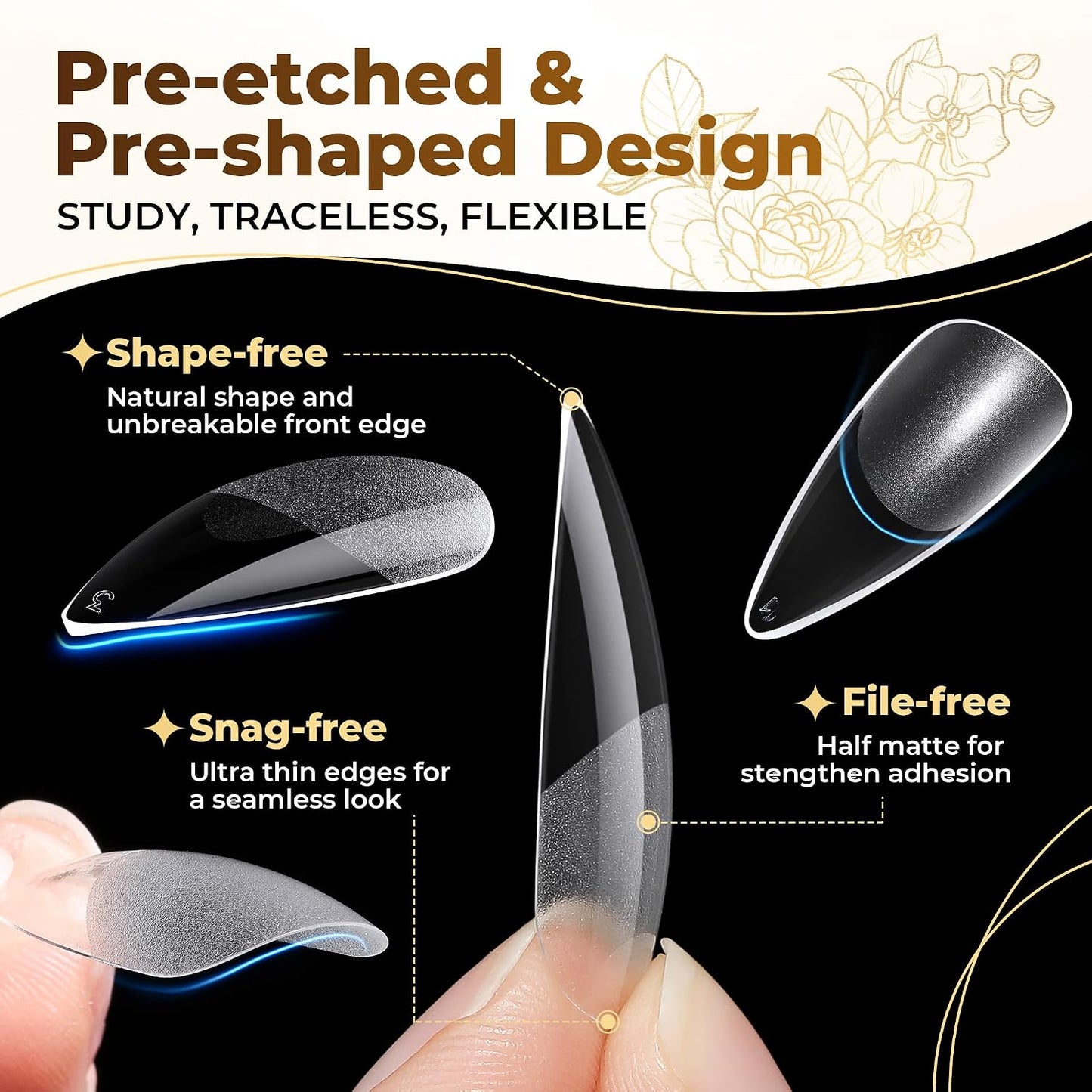 Medium Stiletto Press-On Nails - 504 Pcs Clear Gel Nail Tips | Full Cover Pre-Etched Acrylic, 12 Sizes Available