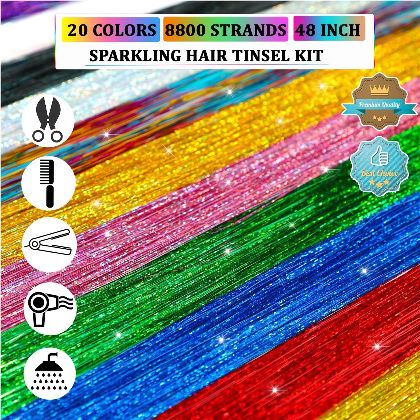 AIAIZHQH Hair Tinsel Kit (20 Colors, 8800 Strands, 48 Inches) Sparking Tinsel Hair Extensions Kit with Tools, Heat Resistant Highlights Glitter Hair Extensions Fairy Hair Accessories for Girls Women