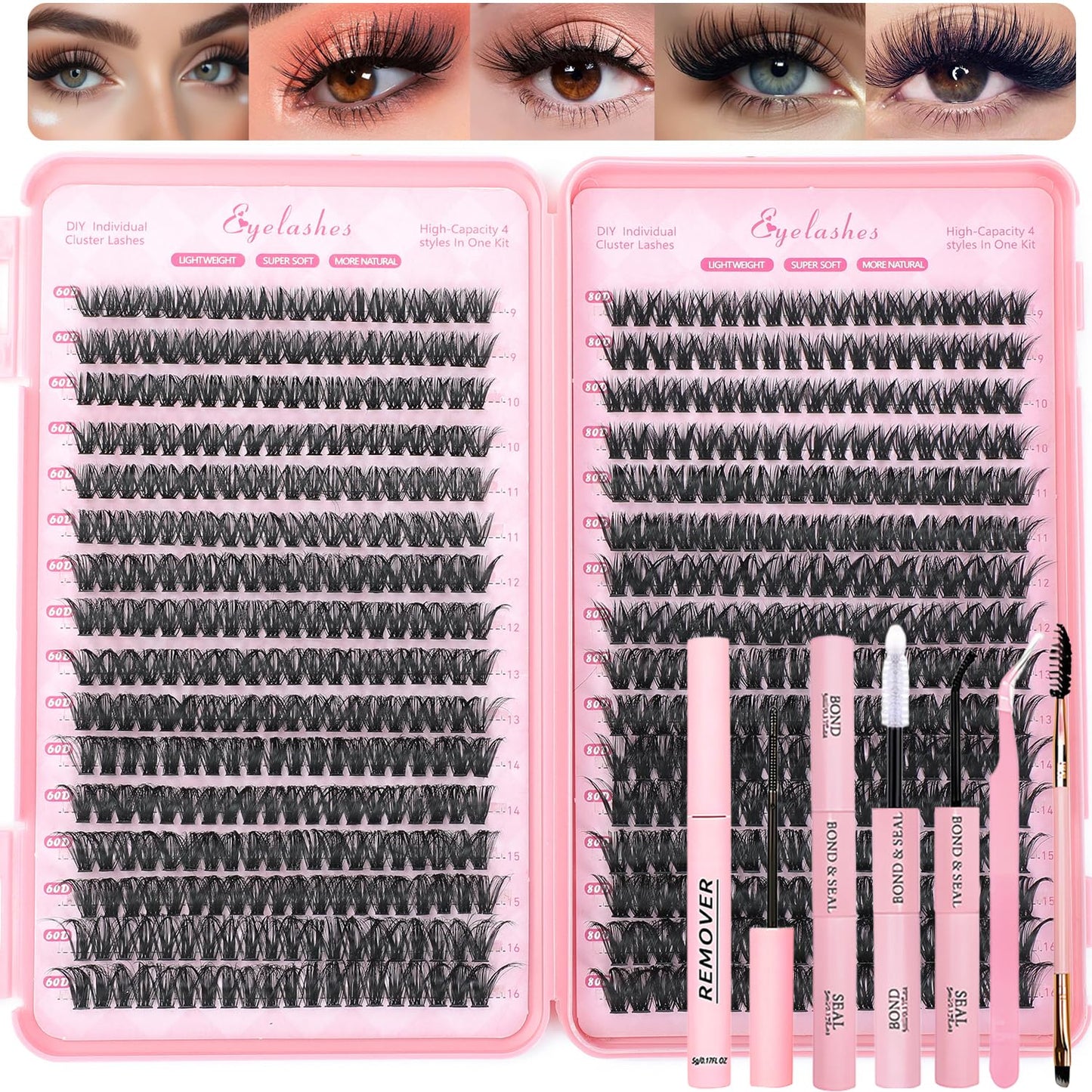Lash Clusters Kit - 640 Pcs Fluffy Wispy Individual Eyelashes 9-16mm D Curl | Thin Band with Tweezers & Bond Seal