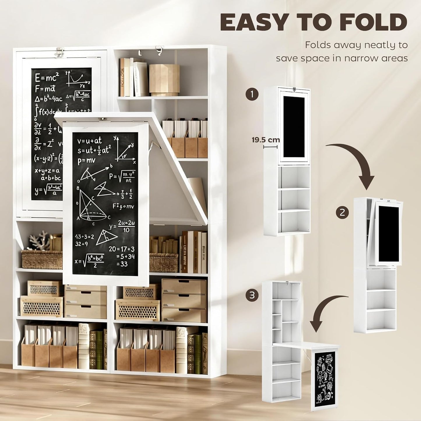 Convertible Writing Table - Foldable Wall-Mounted Computer Desk with Storage Shelves | Space-Saving Design for Small Spaces, White