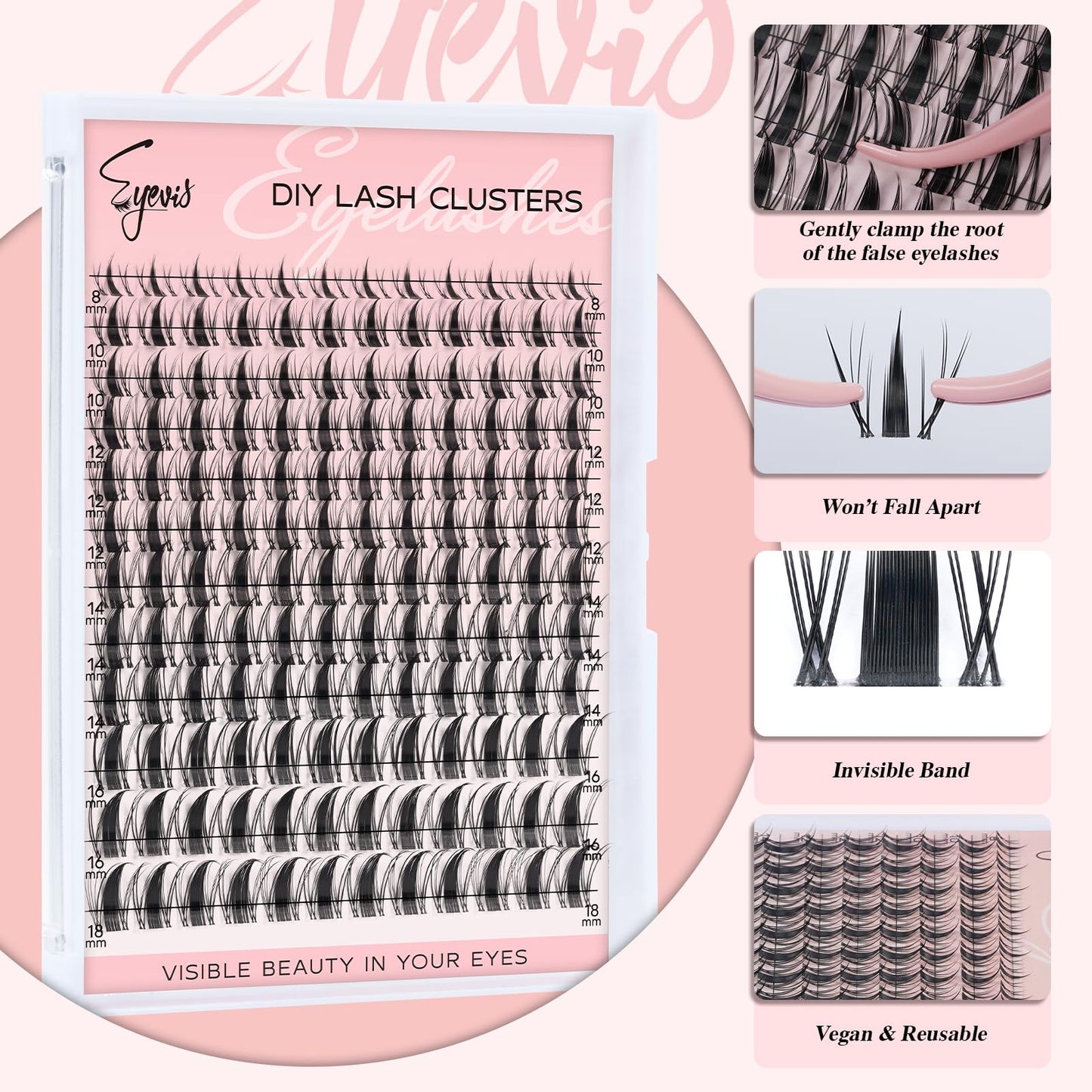 EYEVIS Fairy Lash Clusters Kit 144PCS Ultra-Thin Invisible Band Lash Extension Kit 8-18mm Manga Eyelash Extension Kit C Curl Lash Clusters Wet-Look Anime DIY at Home （Fairy Kit,8-18mm）