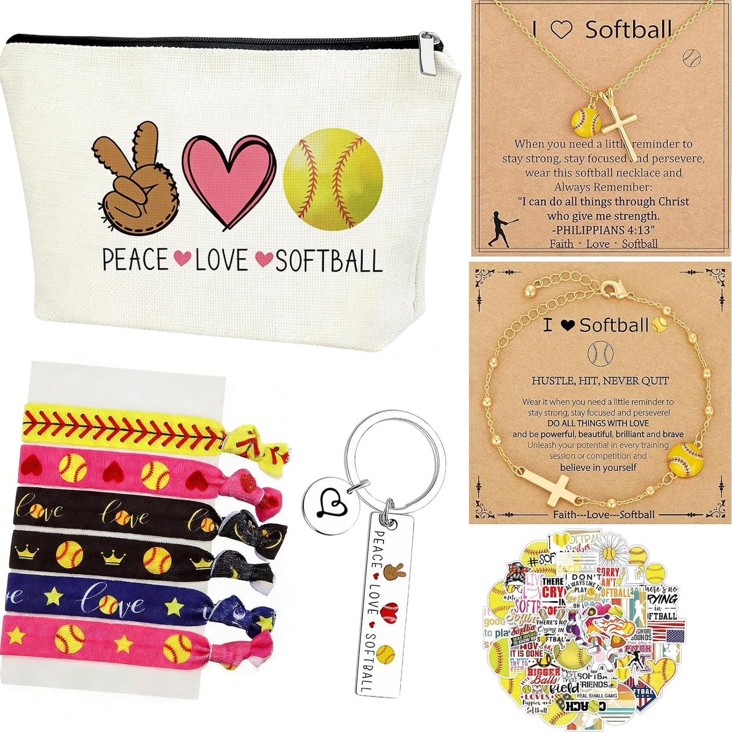 Softball Gifts Set for Women - Cross Charm Bracelet & Necklace, Makeup Bag, Hair Ties, Keychain & Stickers | Perfect Accessories for Sport Lovers