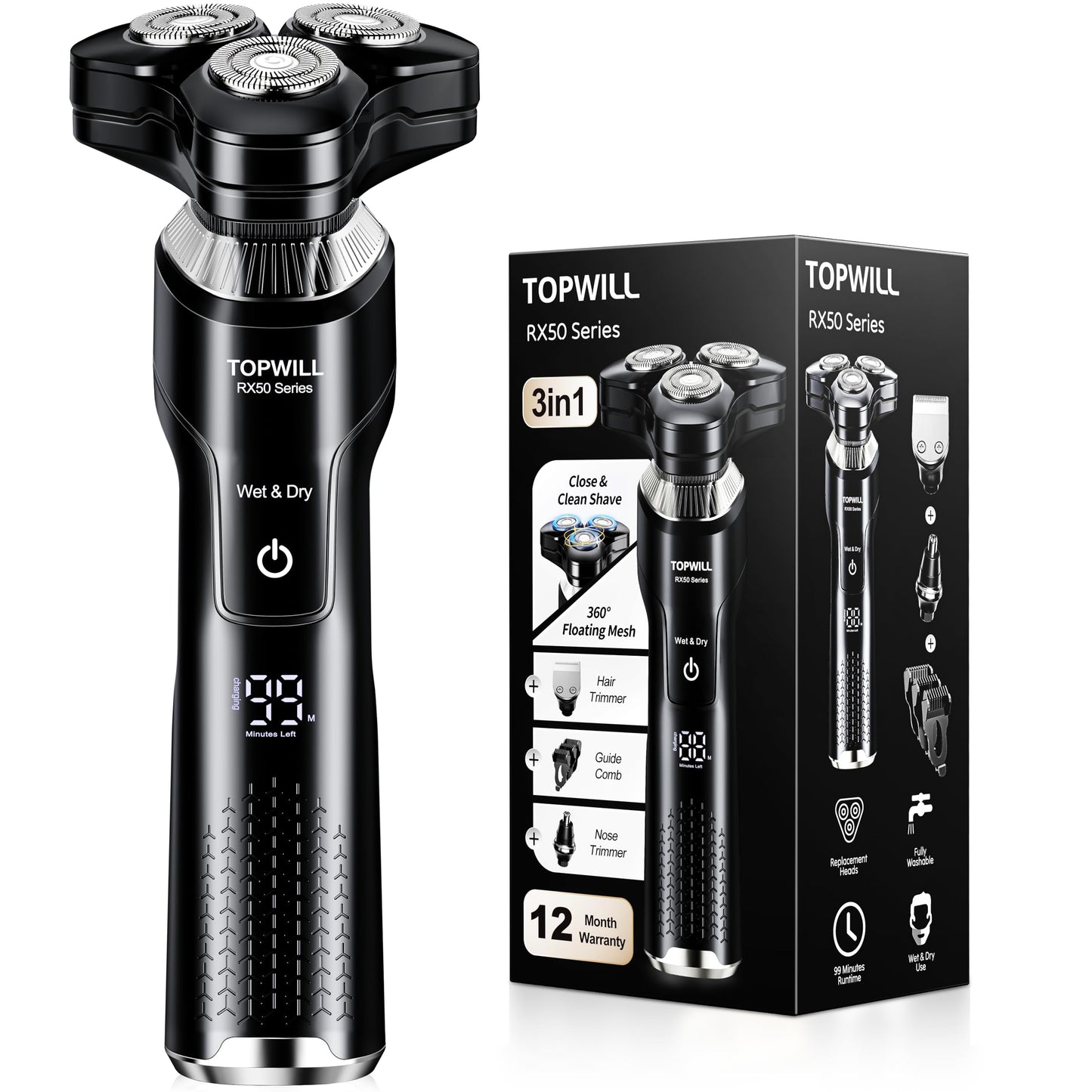 Electric Shaver for Men, New 3-in-1 Rechargeable Razor and Trimmer for Face, Beard, Nose, Close Clean Shave, Waterproof Wet/Dry Use, USB-C Charging, Men's Gift