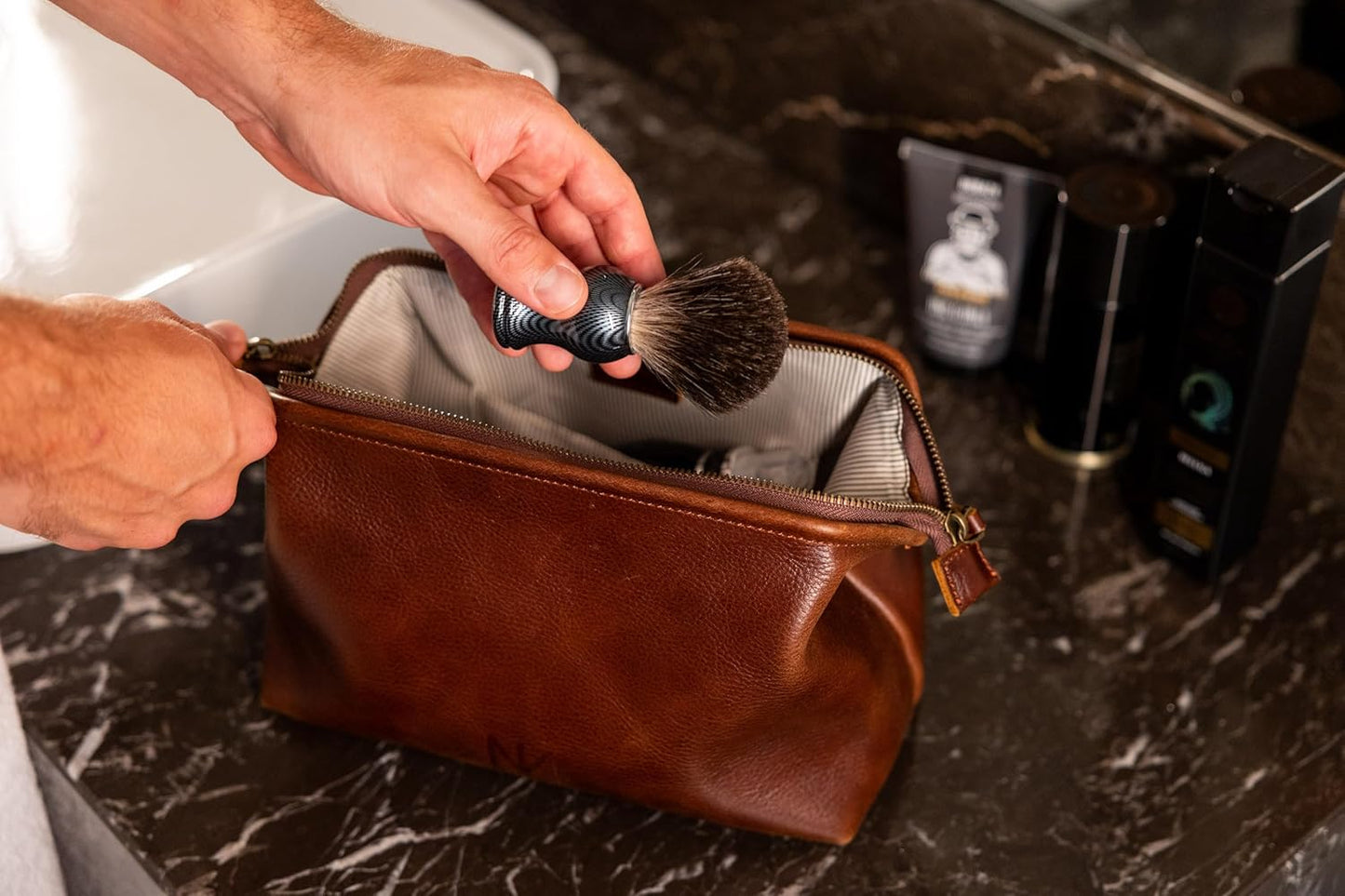 Genuine Leather Toiletry Bag for Men - Premium Travel Dopp Kit & Hygiene Organizer | Brown