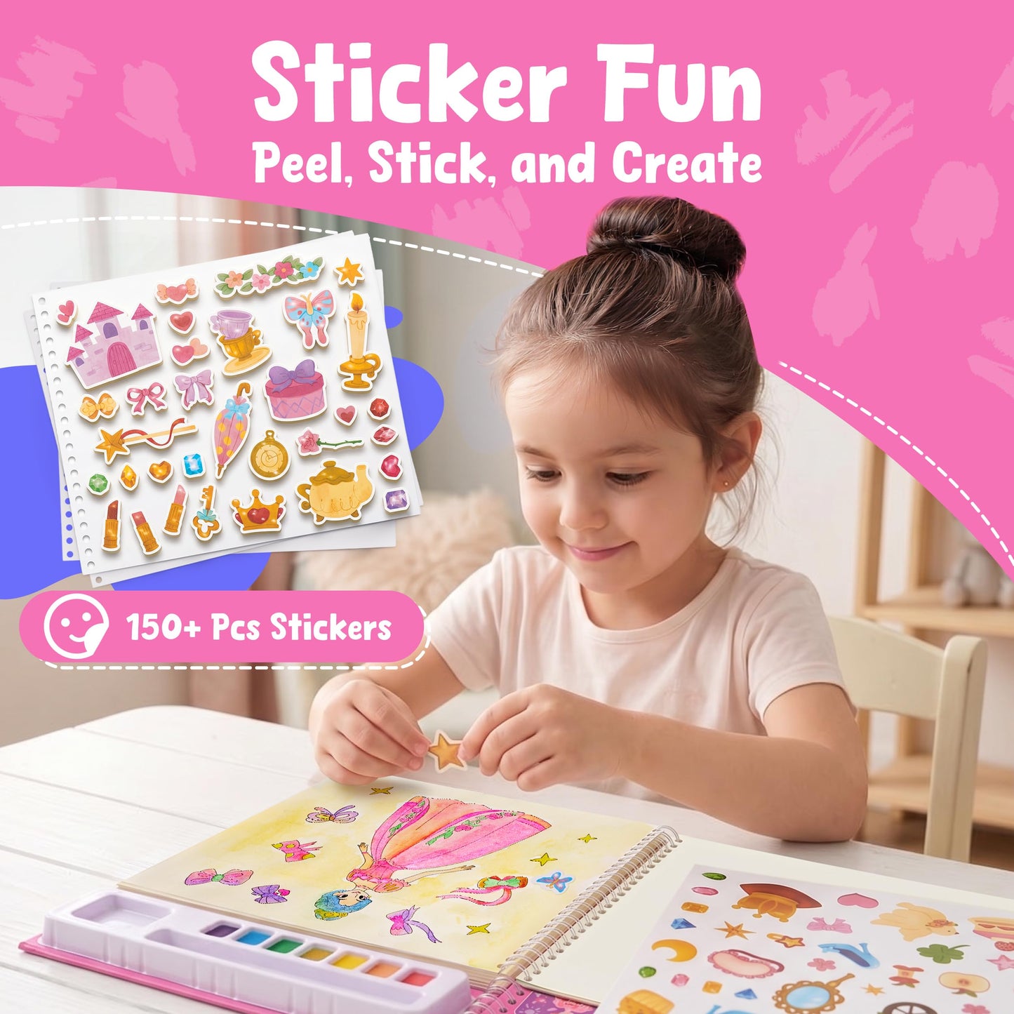 JoyCat Mix & Match Paint with Water Coloring Books, Watercolor & Sticker Activities - 150 Pcs Stickers for Kids Ages 3-8, Toddler Painting Sets Art & Craft Drawing Toy Gifts for Boys Girls (Princess)
