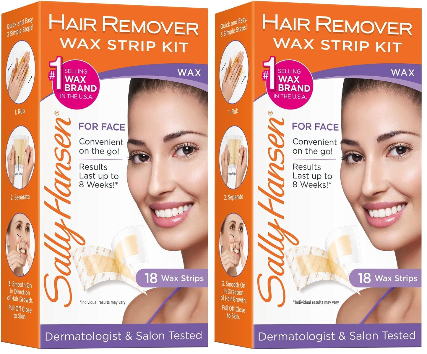 Sally Hansen Face Hair Removal Wax Strips Kit | At-Home Use 18 Count, (Pack of 2)