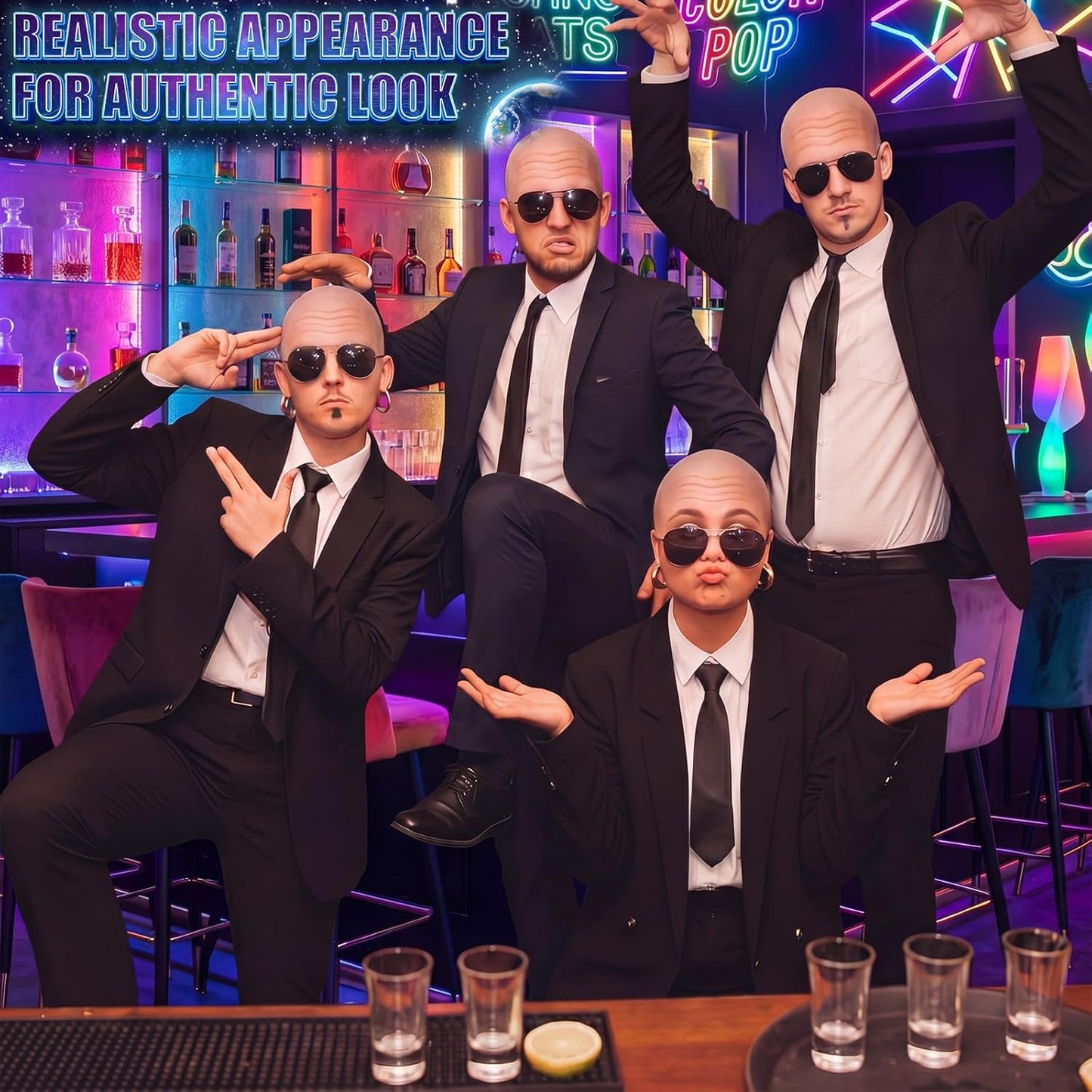 Bald Cap Set with Sunglasses - 3 Pcs Makeup Wig Cap for Halloween Cosplay | Unisex Costume Accessories