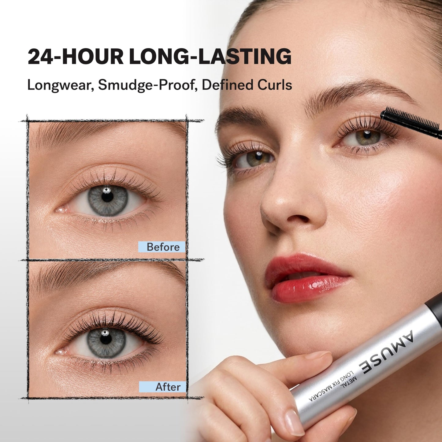 AMUSE SEOUL Long Fix Metal Mascara (01 BLACK) - Tubing Mascara, Smudge Proof, Clump Free, Flake Proof, 2 in 1 Comb Iron Wand, Defining, Curling, Volumizing, Superproof, Vegan, Korean Makeup