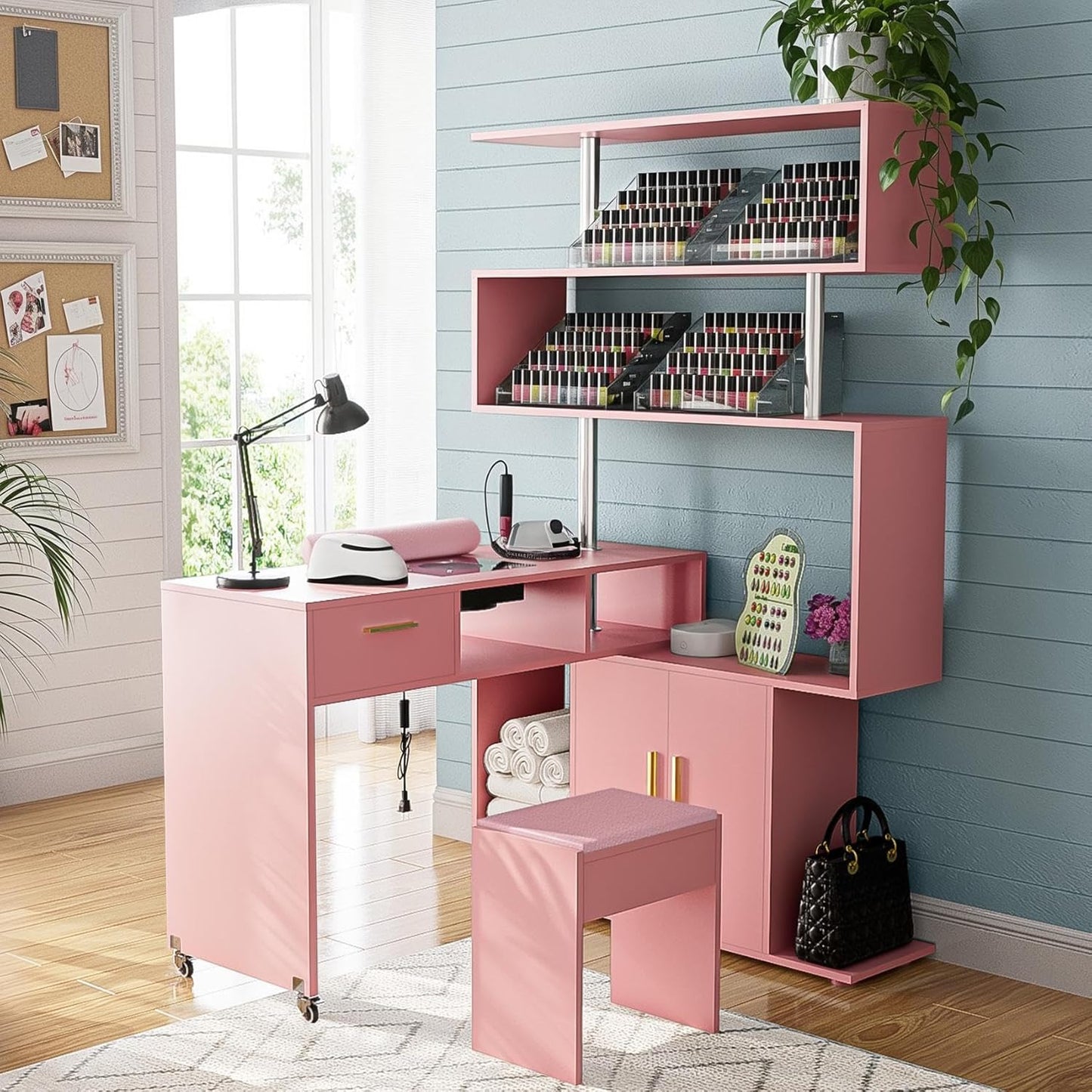 Manicure Table - L-Shaped Nail Desk with Dust Collector & Storage | Mobile Workstation in White