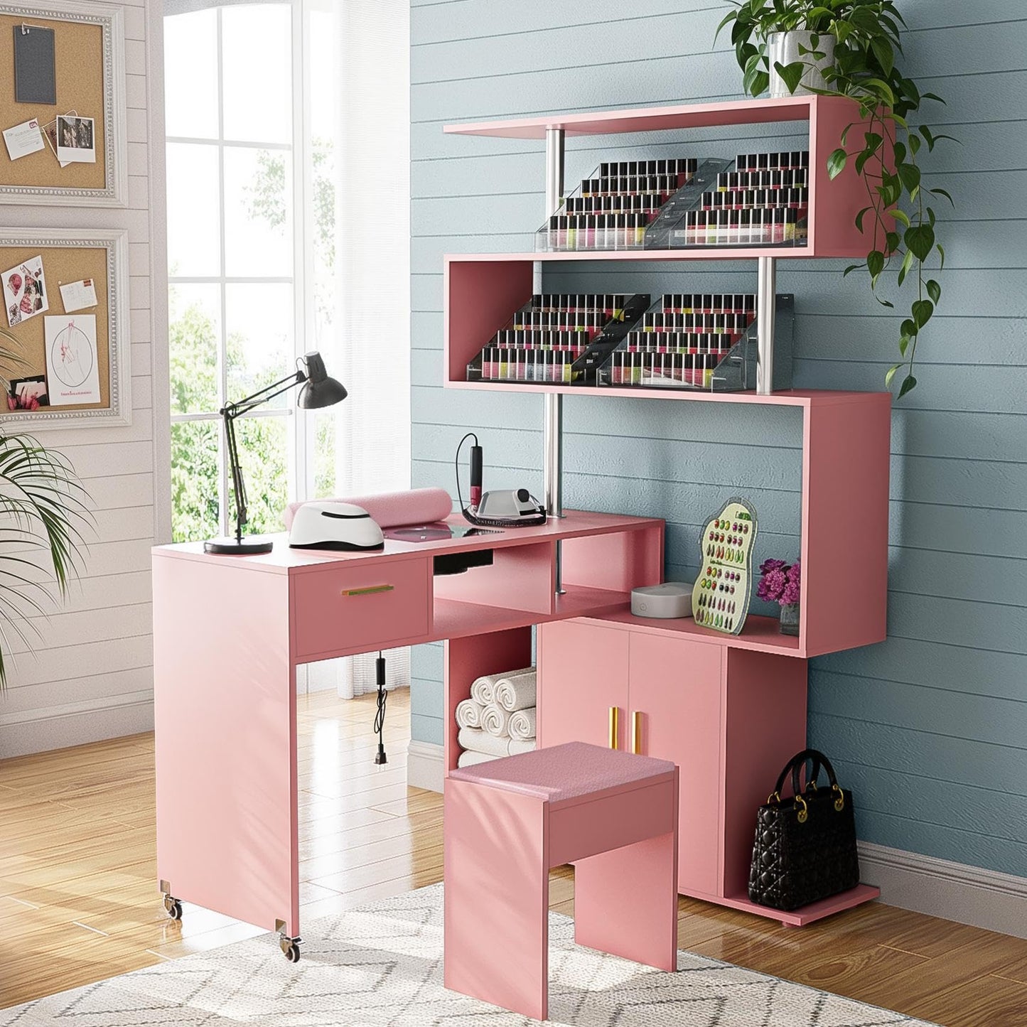 Kikihouse Manicure Table Nail Desk with Stool, L-Shaped Nail Tech Desk with Dust Collector, Two-Way Drawer, Cabinet & Storage Shelves, Rotating Reversible Manicure Workstation on Wheels (Pink)