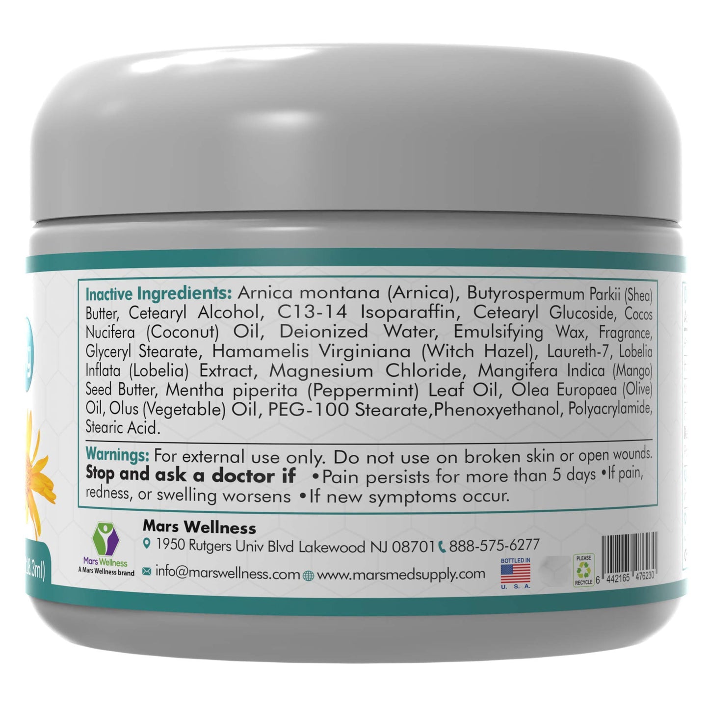 Mars Wellness MG+ Magnesium Cream Pain Relief - Extra Strength Magnesium and Arnica Cream - 4 OZ Tub - Neuropathy, Muscle Pain, and Leg Cramps Relief - 1 Pack